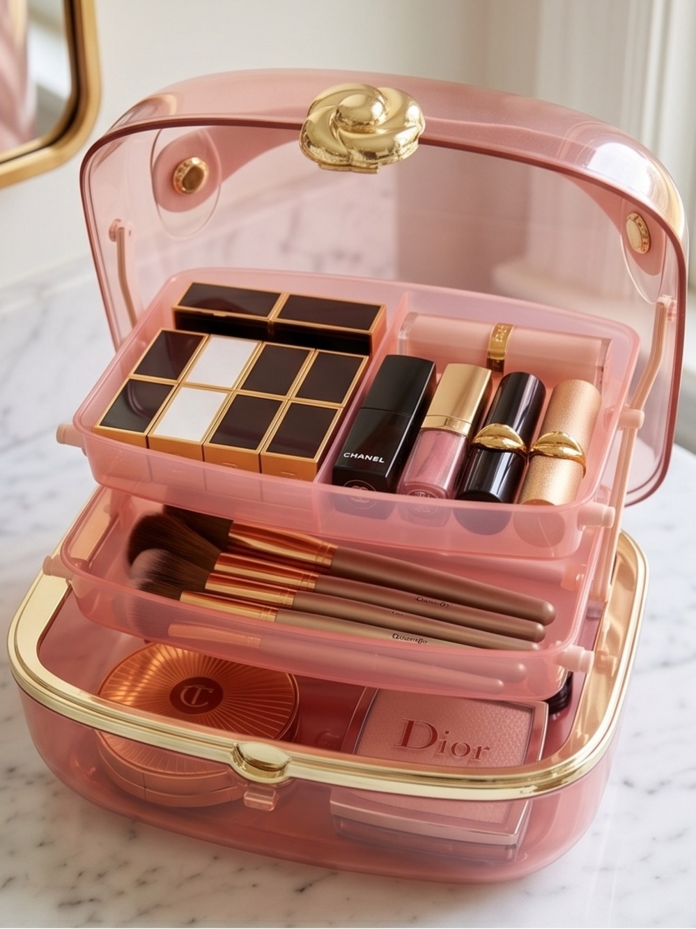 *NWT* Vintage Vibe Pink Two-Tier Beauty Case with Gold Accent Makeup Organizer